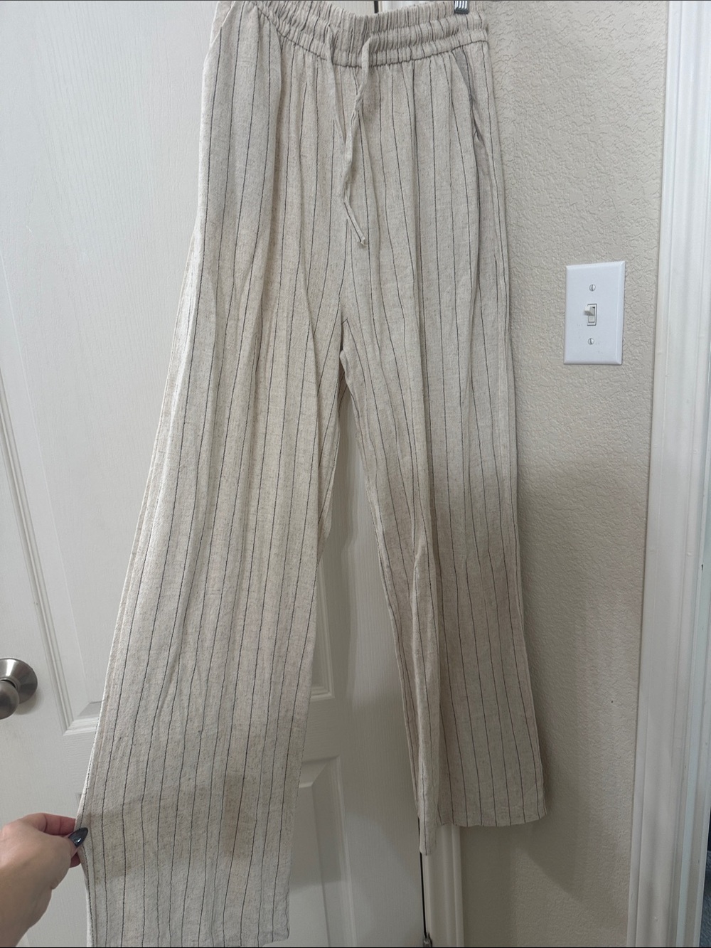 Beige Pinstripe relaxed-Leg linen look pants with Elastic Waist